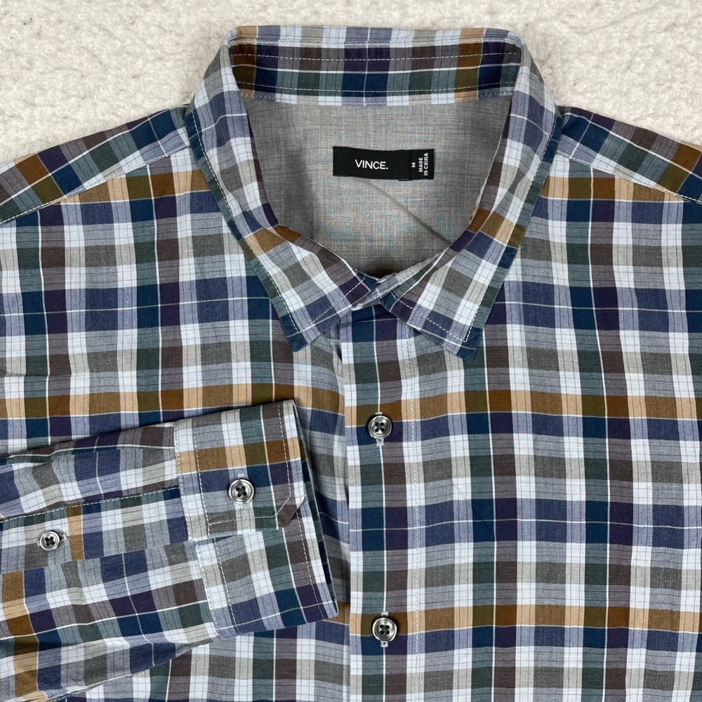 Vince Button Down Shirt Mens Medium Blue Brown Grey Plaid MX372-1208 Long Sleeve